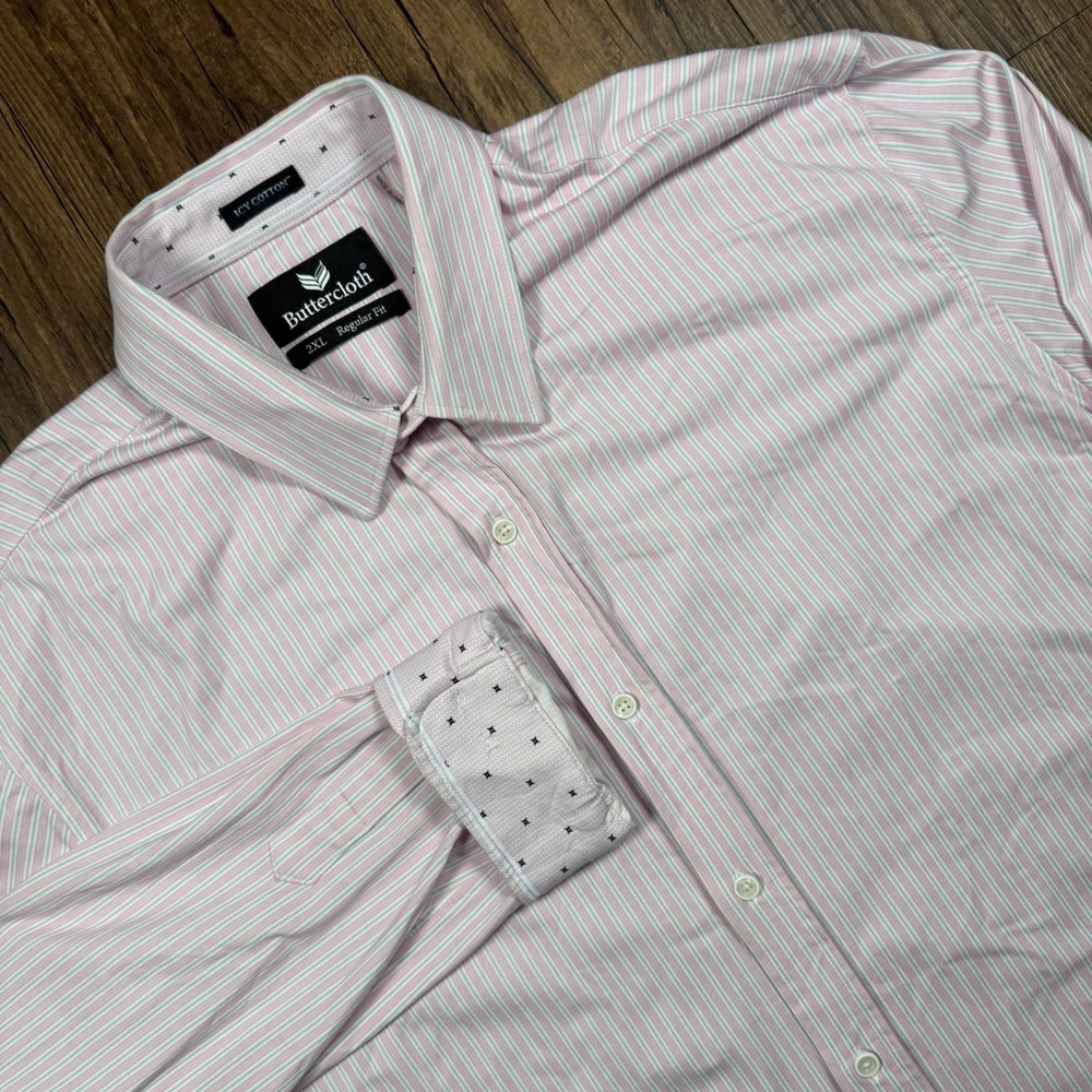 Buttercloth Icy Cotton Shirt Mens 2XL Pink Blue Striped Button Down Flip Cuff